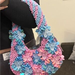 Floral Beaded Women's Handbag - Pink and Blue
